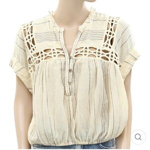 Free People Cream Boxy Blouse with Mandarin Collar